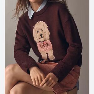Maeve for Anthropologie Women's Burgundy Doodle Dog Sweater